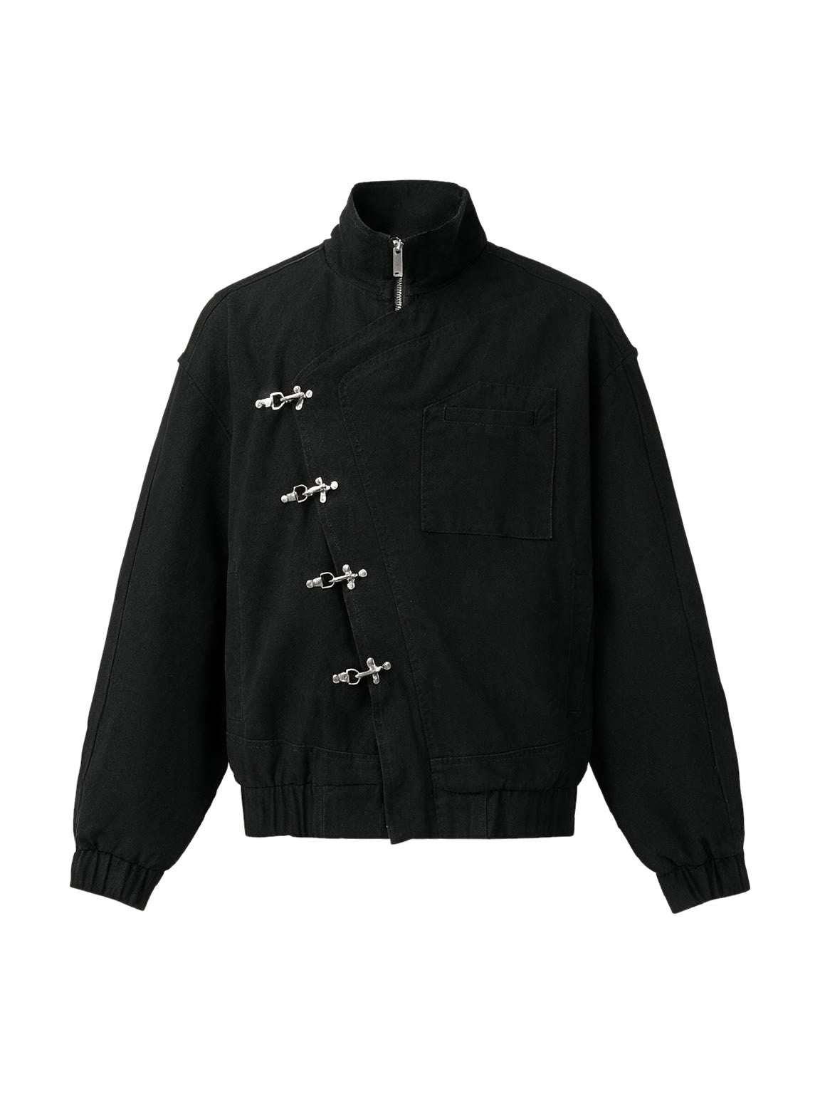 Black stand collar jacket with silver toggle clasps