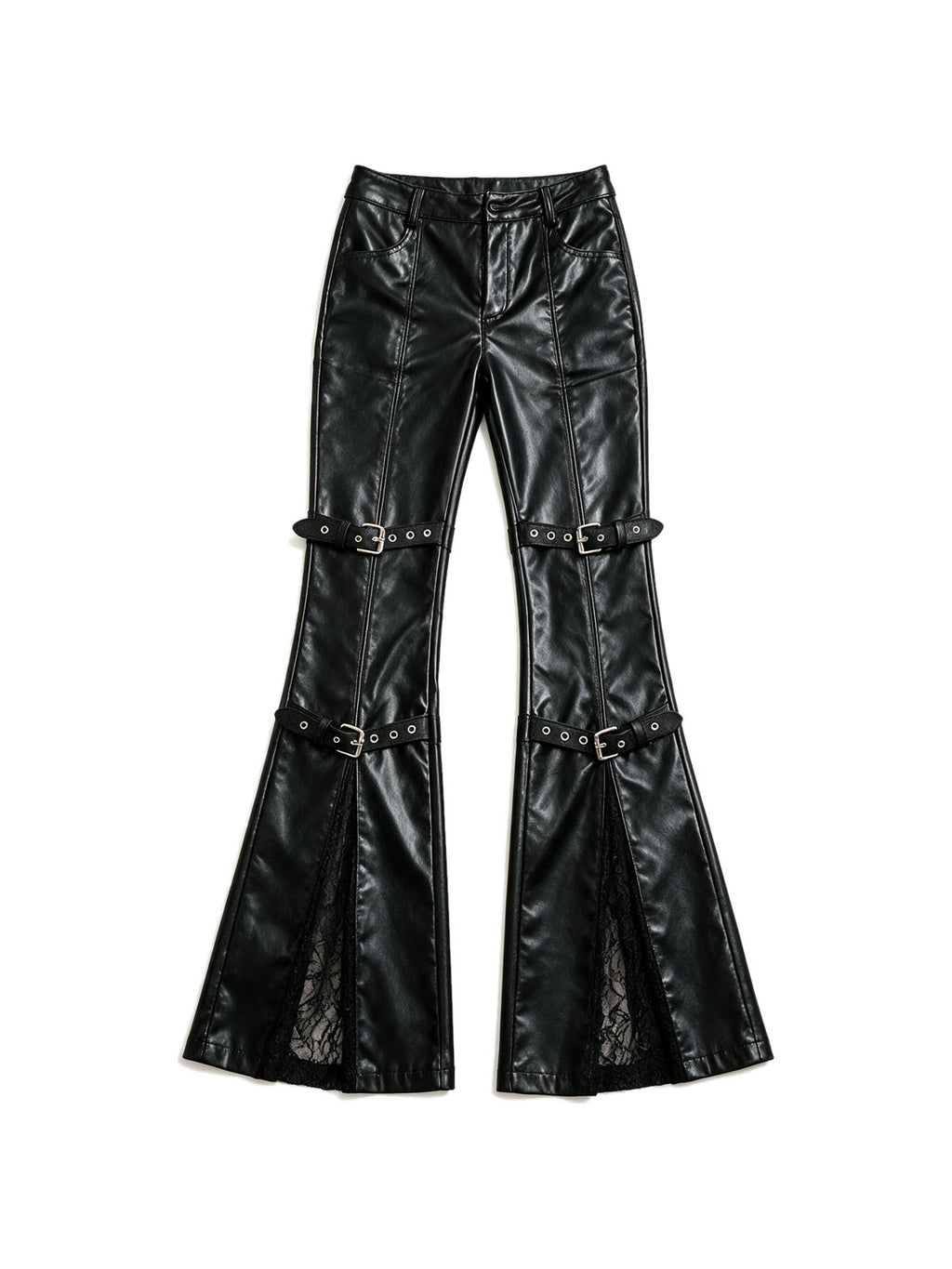 Black faux leather flare trousers with knee buckle straps