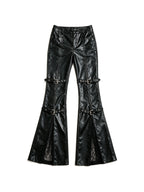Black faux leather flare trousers with knee buckle straps