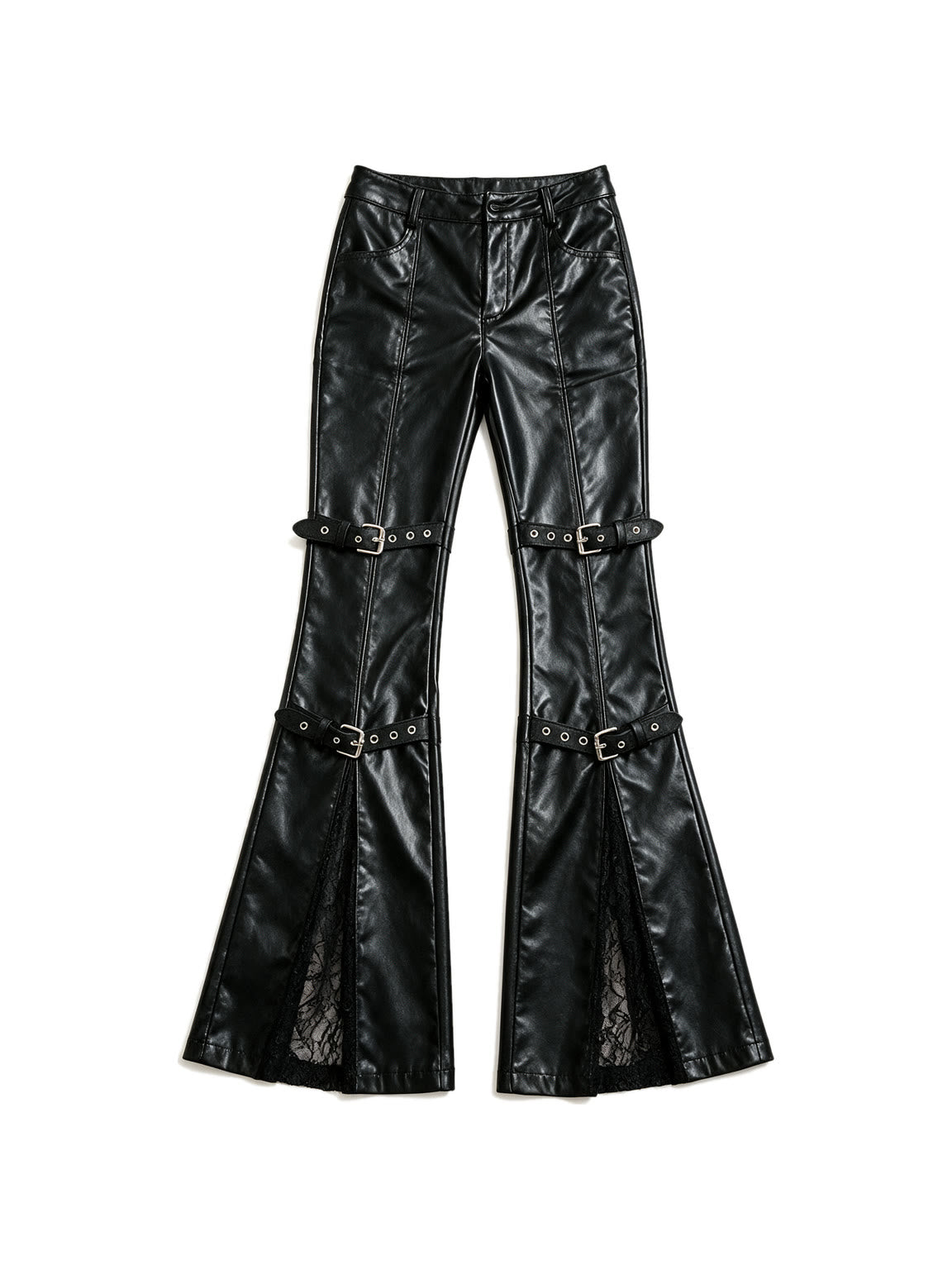 Black faux leather flare trousers with knee buckle straps