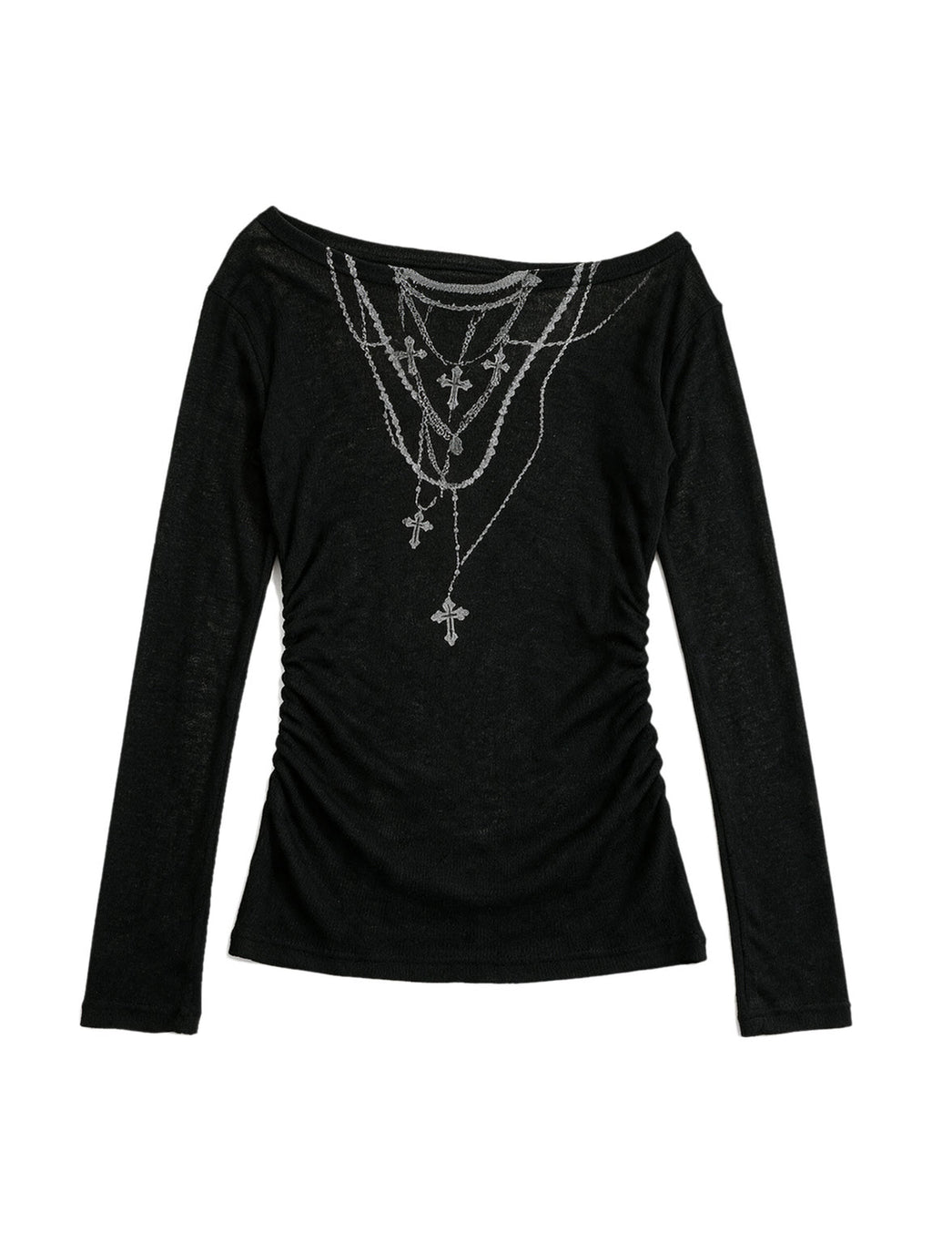 Black ruched long sleeve top printed with chains and crosses