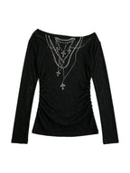Black ruched long sleeve top printed with chains and crosses