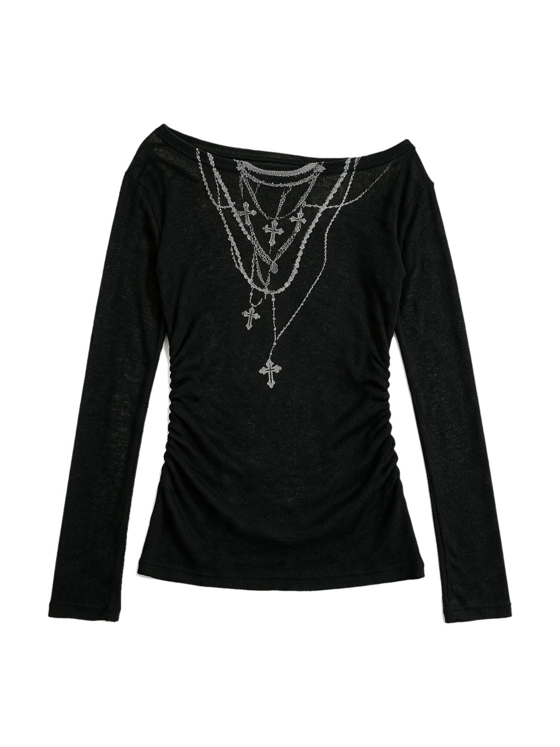 Black ruched long sleeve top printed with chains and crosses