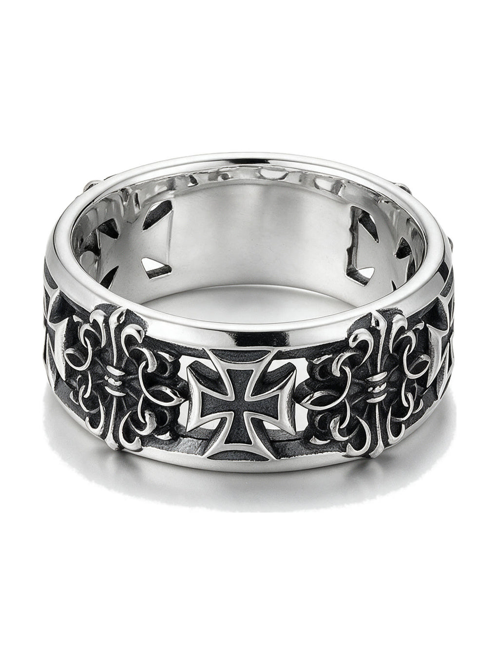 Wide silver band ring with iron crosses and filigree