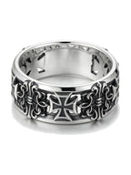 Wide silver band ring with iron crosses and filigree