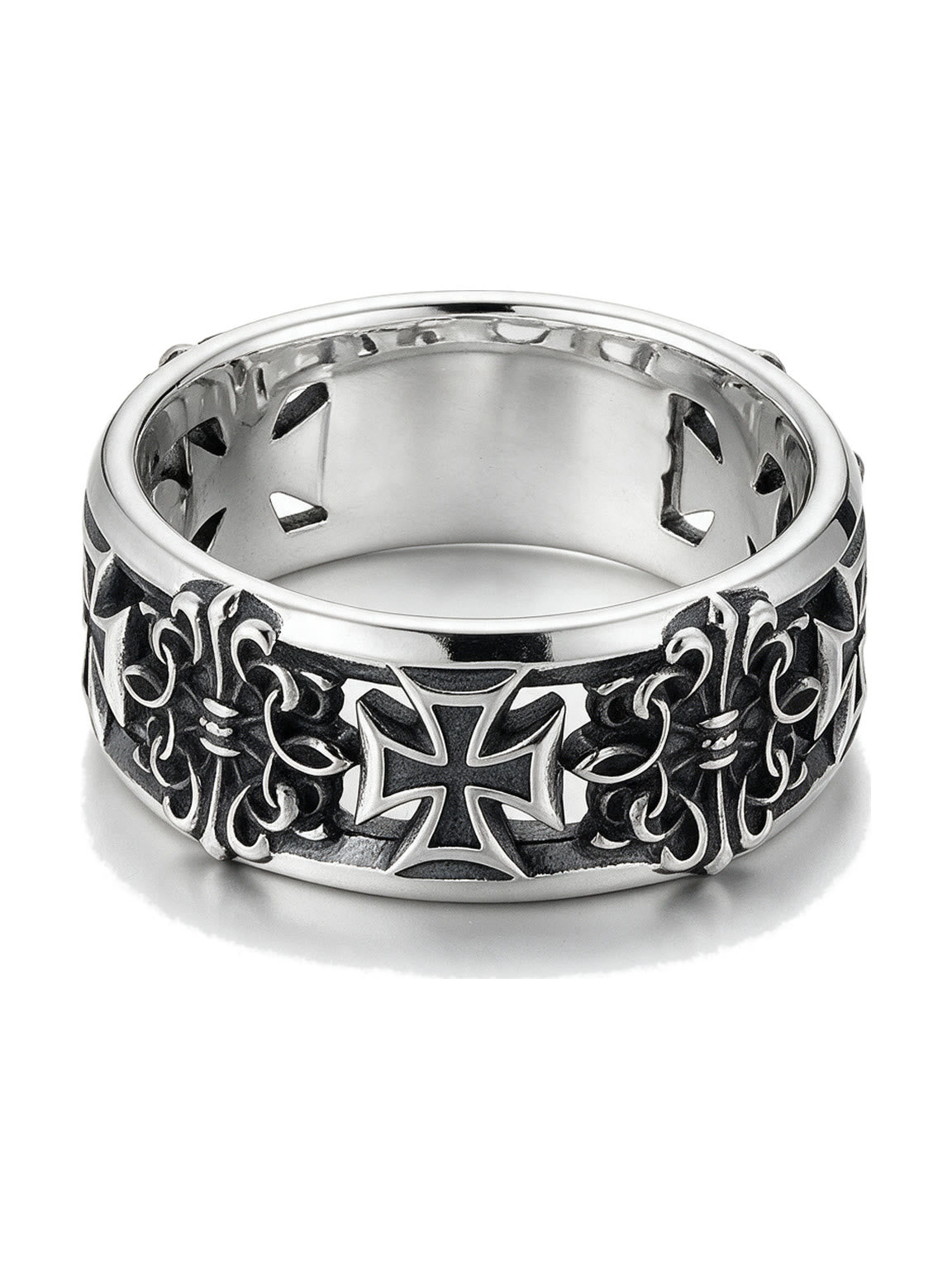Wide silver band ring with iron crosses and filigree