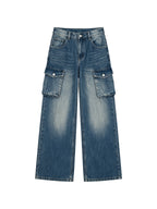 Blue baggy wide leg cargo jeans
