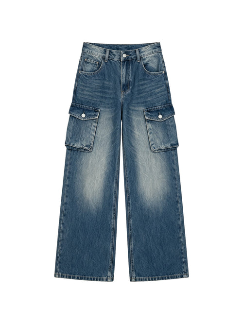 Blue baggy wide leg cargo jeans