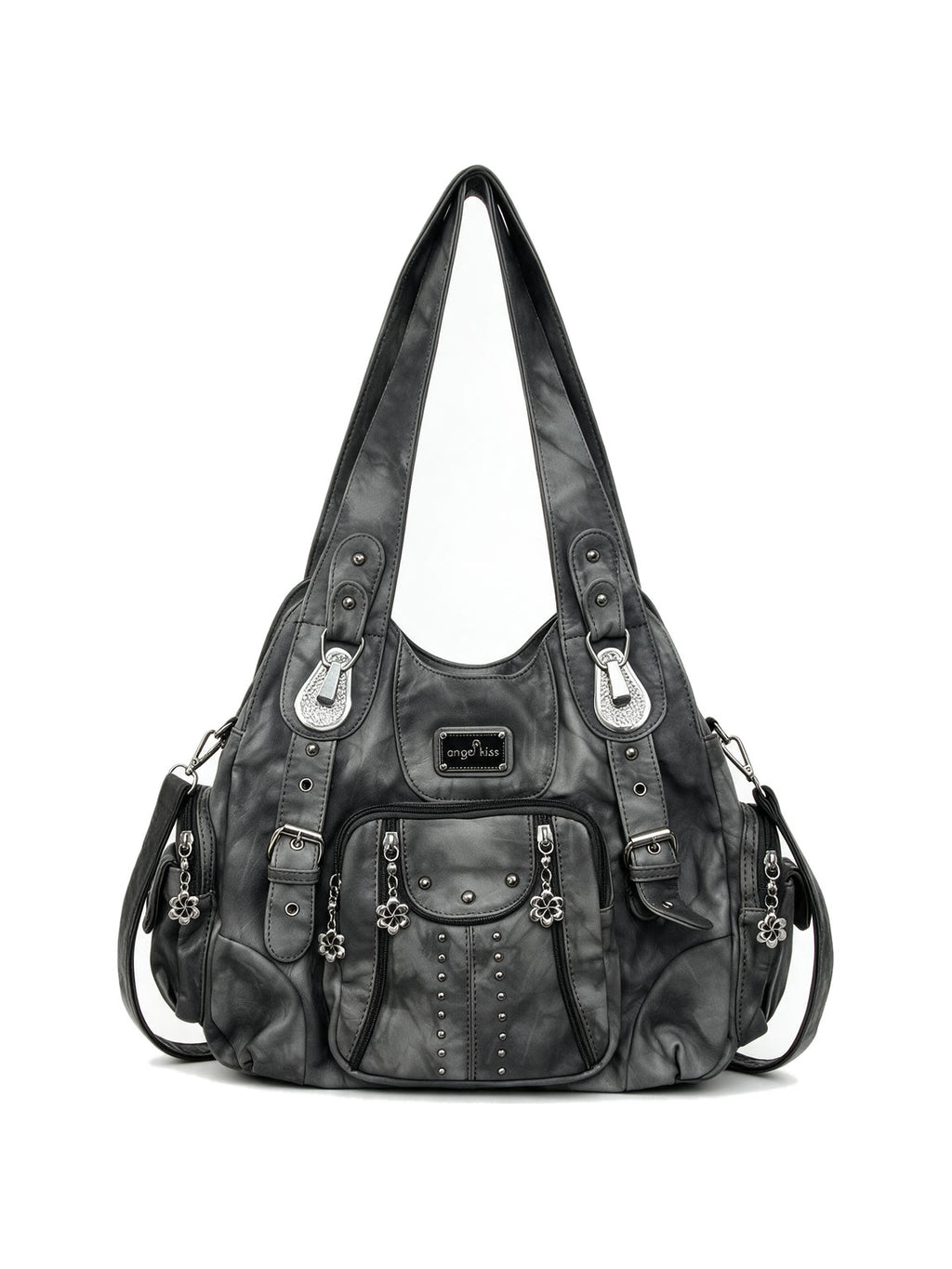 Washed grey leather hobo bag with utility pockets