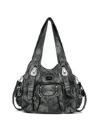 Washed grey leather hobo bag with utility pockets