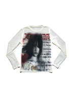 Cream long sleeve tee printed with a magazine style photo spread