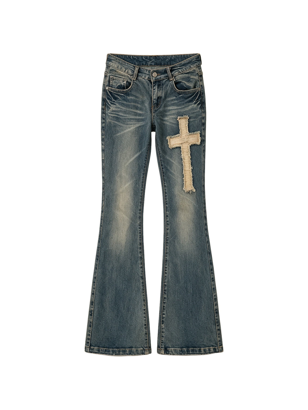 Washed blue flare jeans with a cross patch on the leg