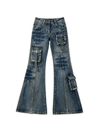 Washed blue cargo flare jeans with thigh pockets