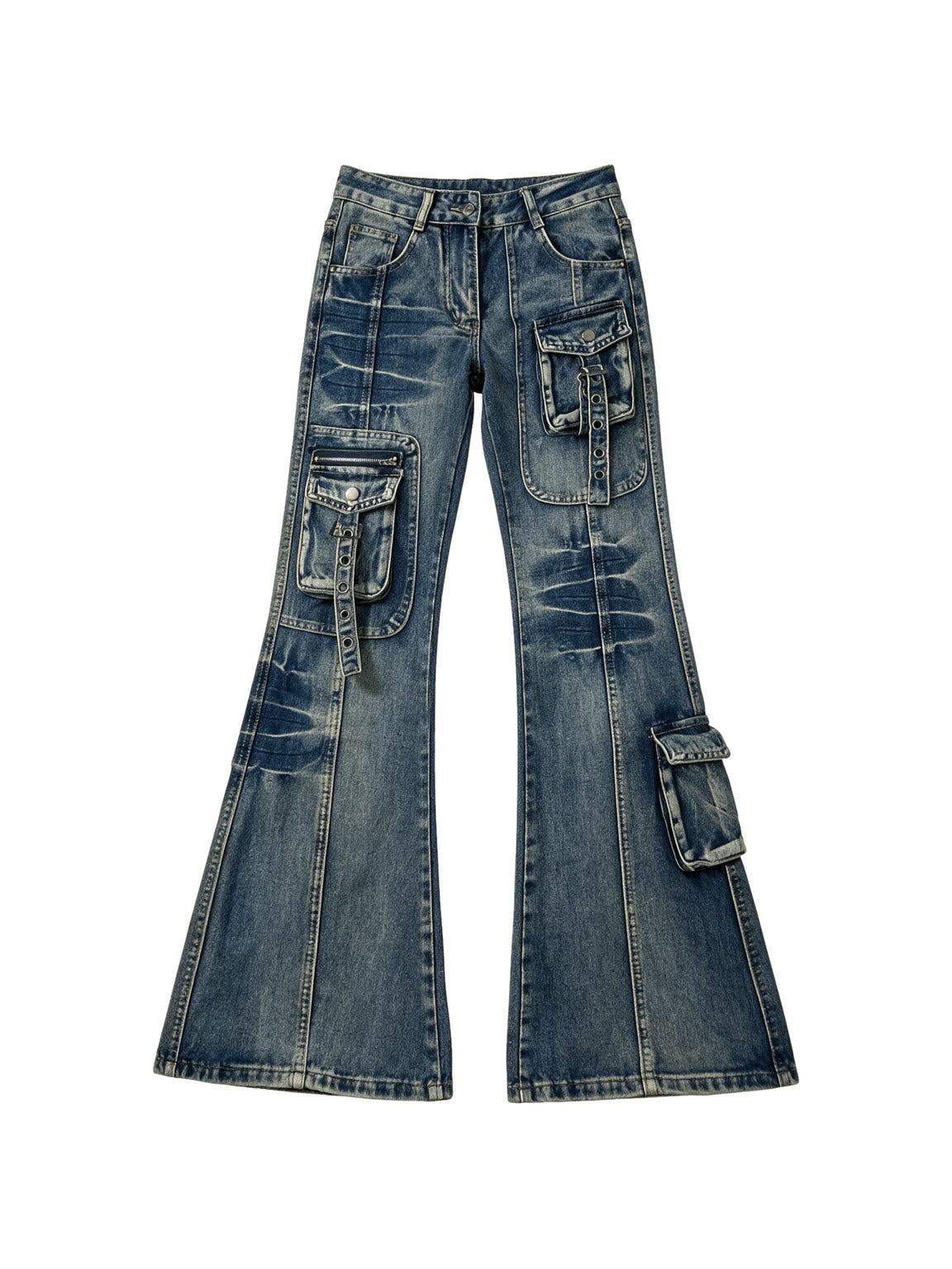 Washed blue cargo flare jeans with thigh pockets