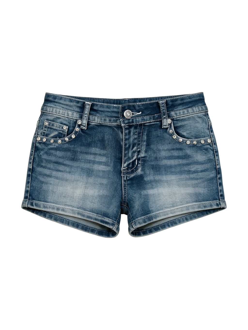 Washed blue denim shorts with rivets and winged embroidery