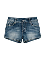 Washed blue denim shorts with rivets and winged embroidery