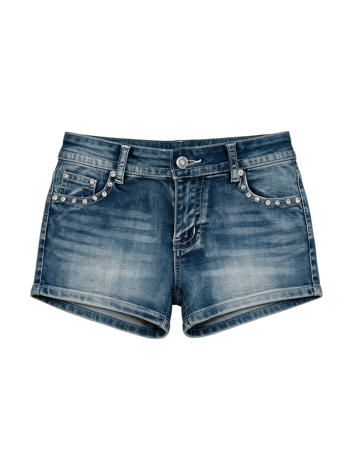 Washed blue denim shorts with rivets and winged embroidery