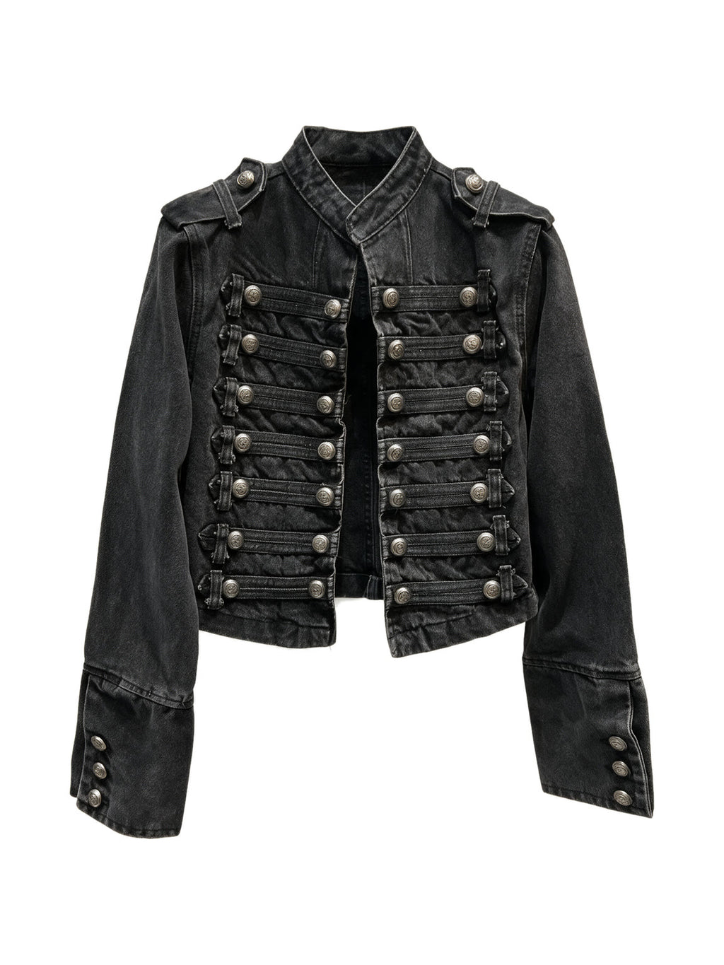Washed black denim moto jacket with a stand collar
