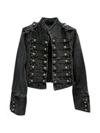 Washed black denim moto jacket with a stand collar