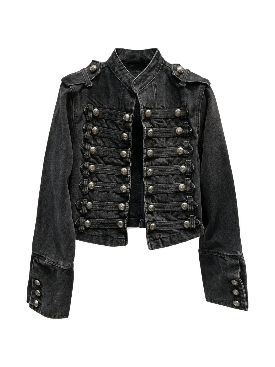 Washed black denim moto jacket with a stand collar