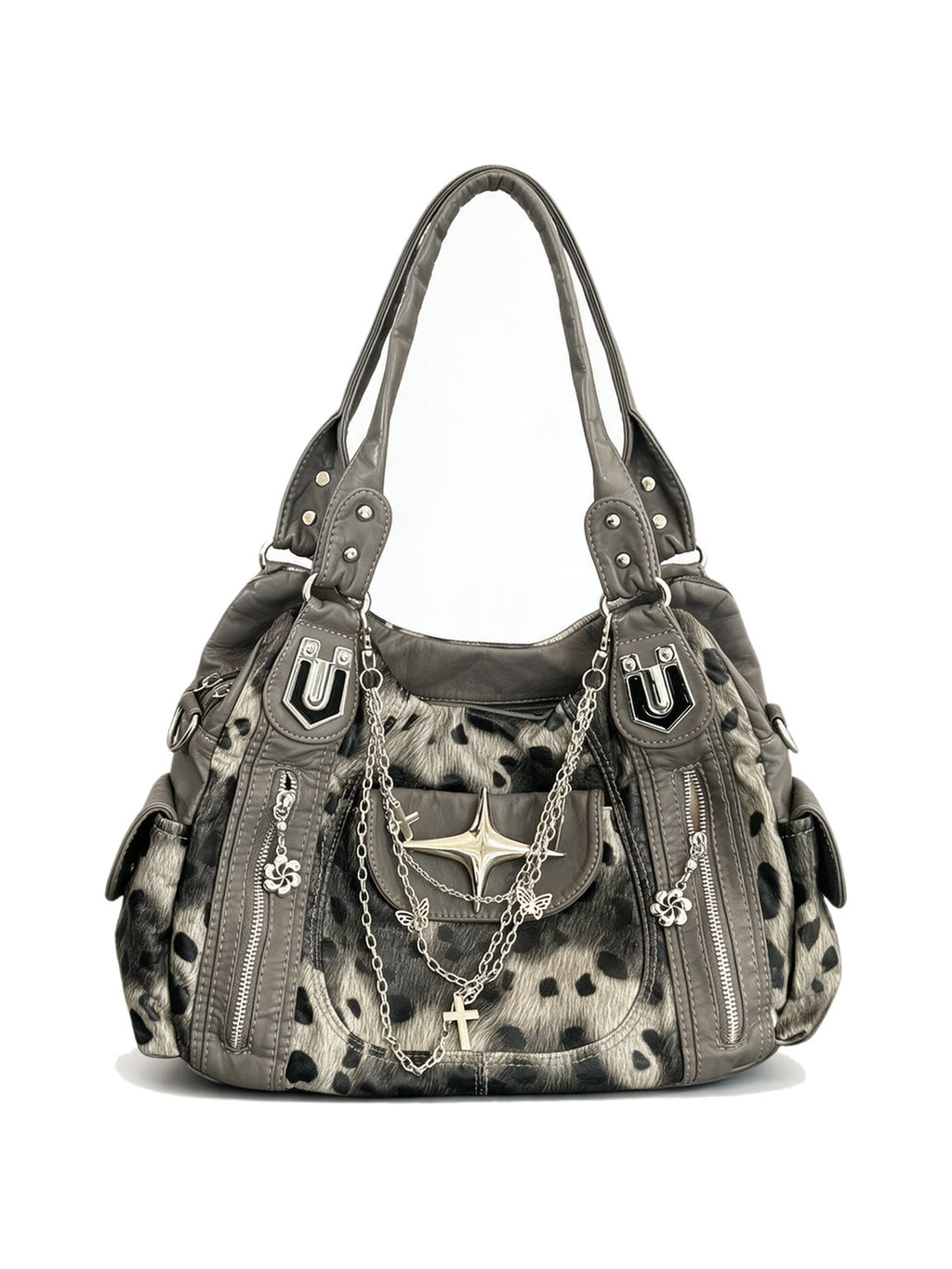 Grey leopard print hobo bag with silver chains and a star charm