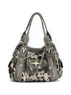 Grey leopard print hobo bag with silver chains and a star charm