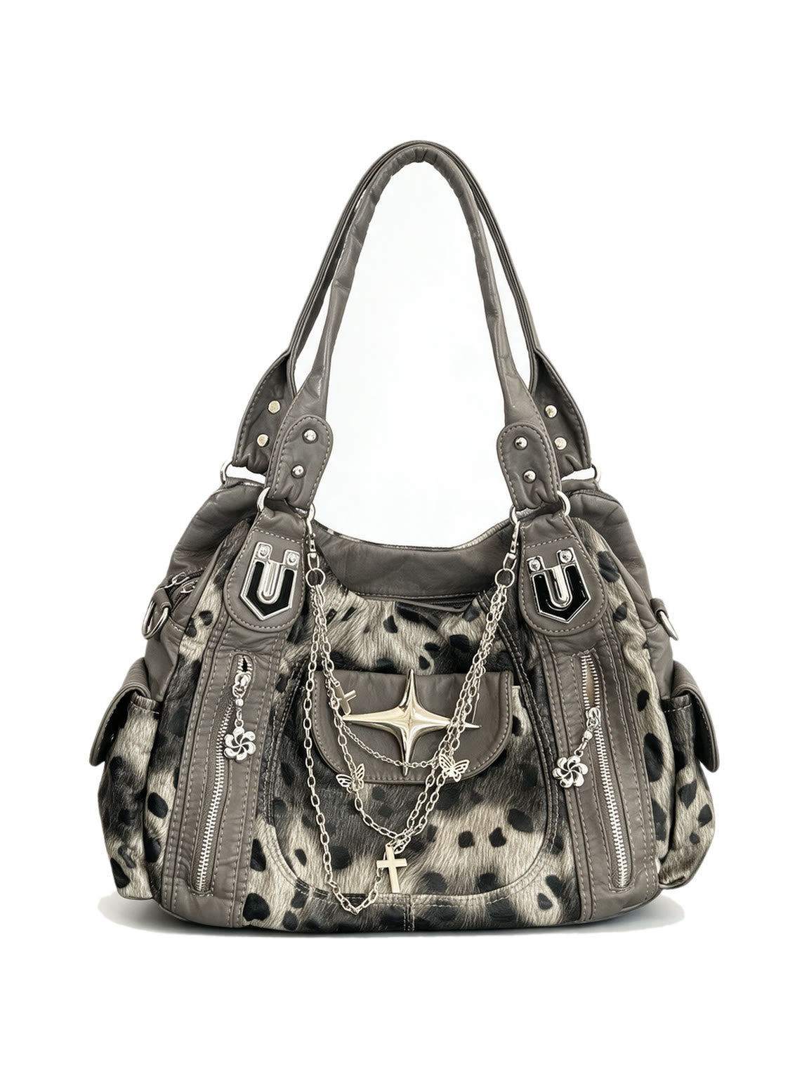 Grey leopard print hobo bag with silver chains and a star charm
