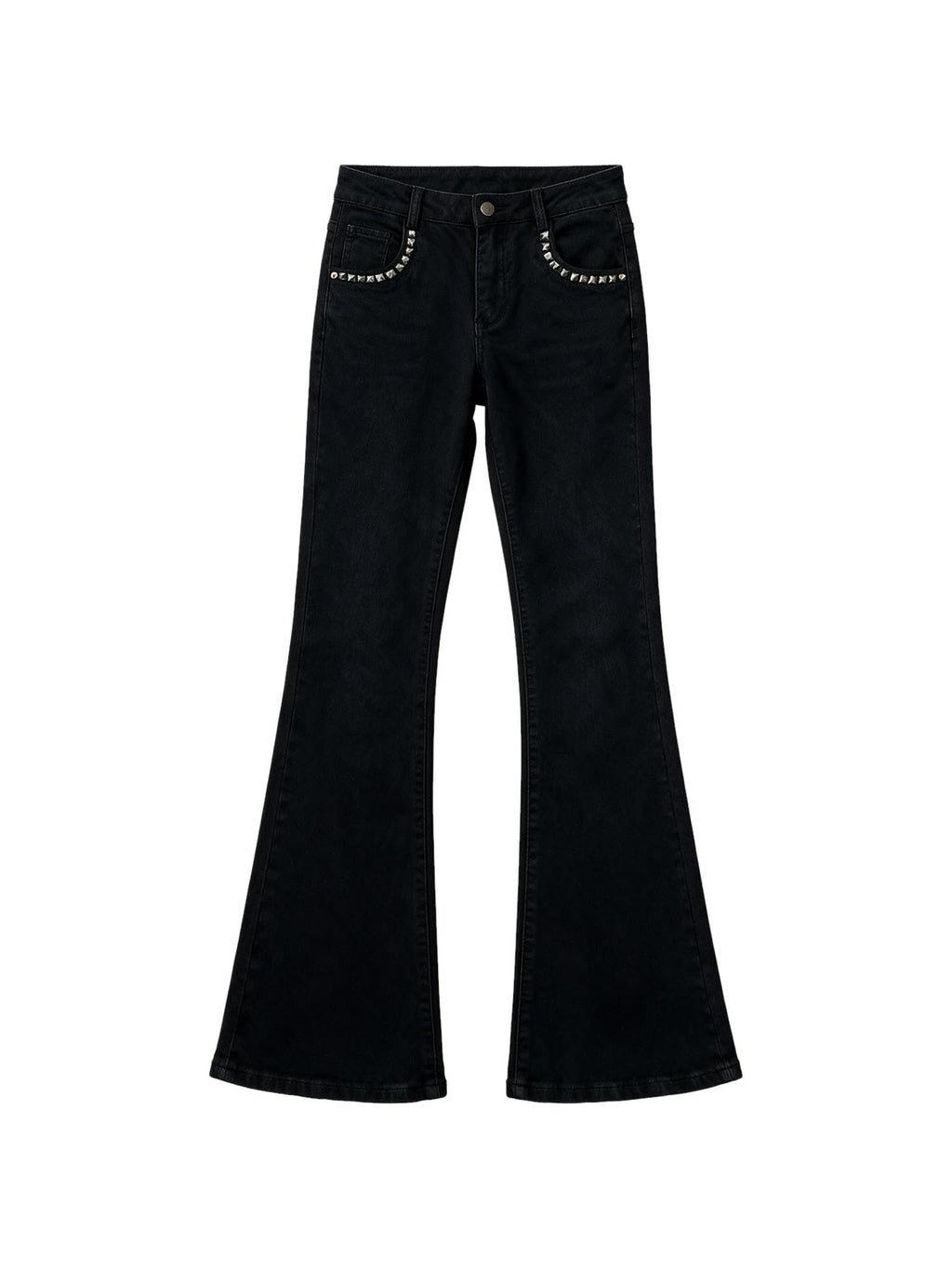 Black low rise flare jeans with a studded waistband
