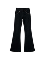 Black low rise flare jeans with a studded waistband