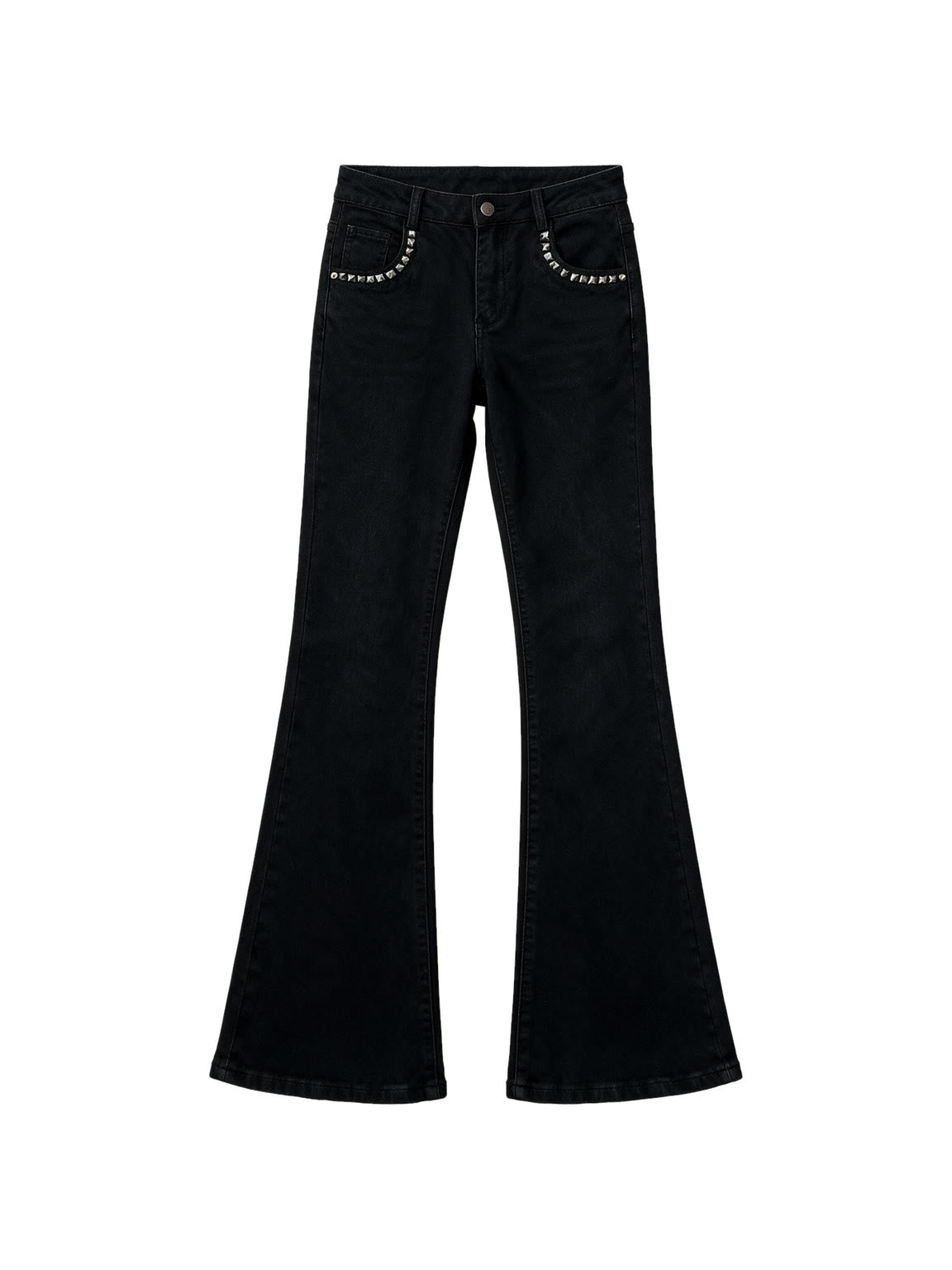 Black low rise flare jeans with a studded waistband