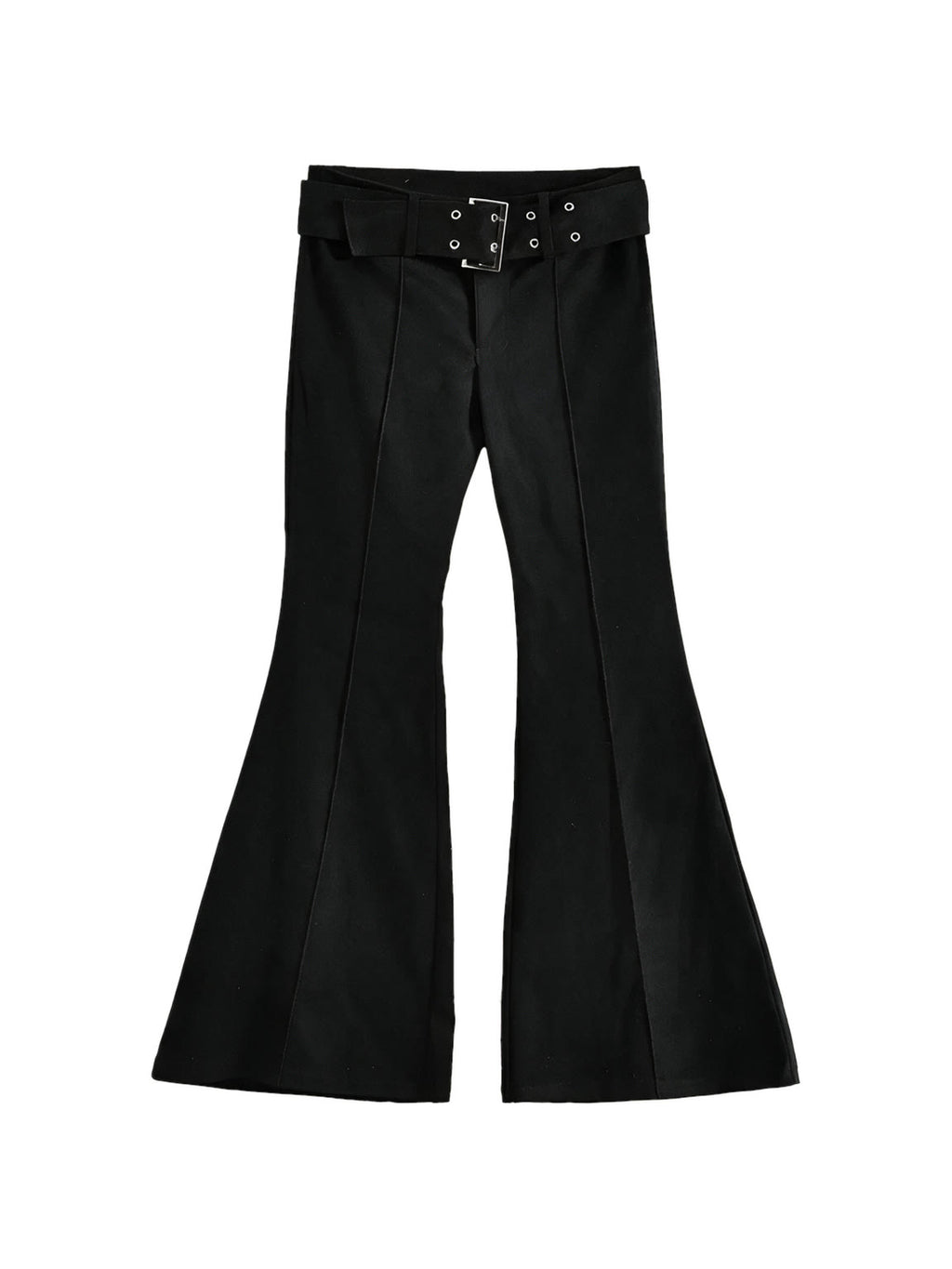 Black high waist flare trousers with a studded belt