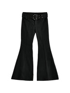 Black high waist flare trousers with a studded belt