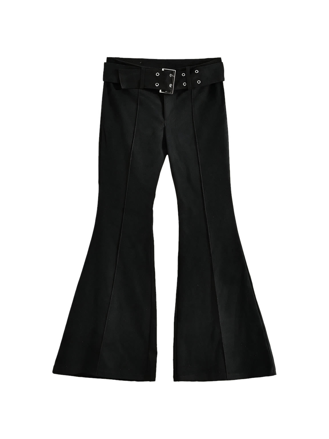 Black high waist flare trousers with a studded belt