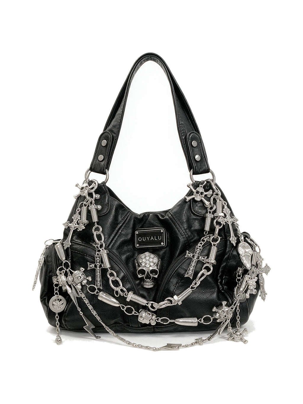 Black hobo bag covered in silver chains, skulls and spike charms