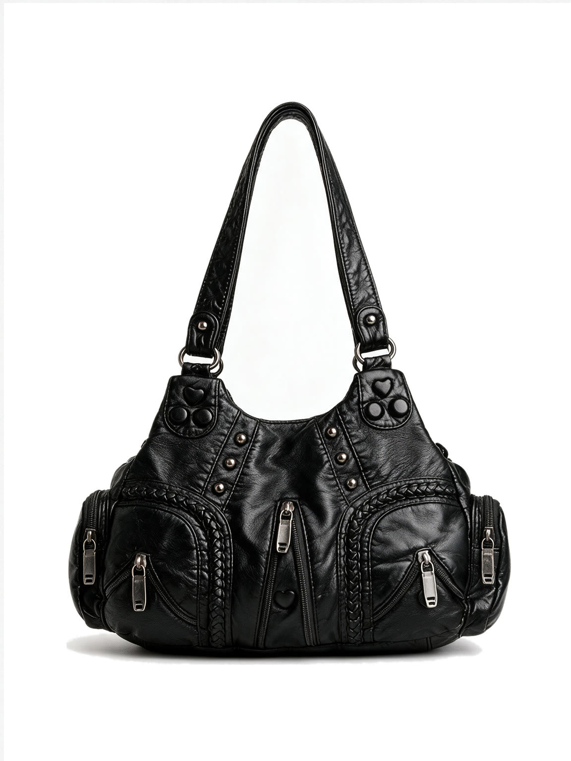 Black studded hobo bag with braided handles and tassel zips