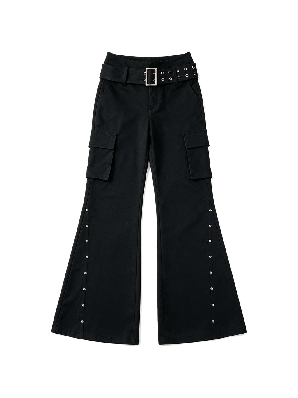 Black cargo flare trousers with rivets and a studded belt