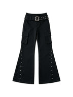 Black cargo flare trousers with rivets and a studded belt