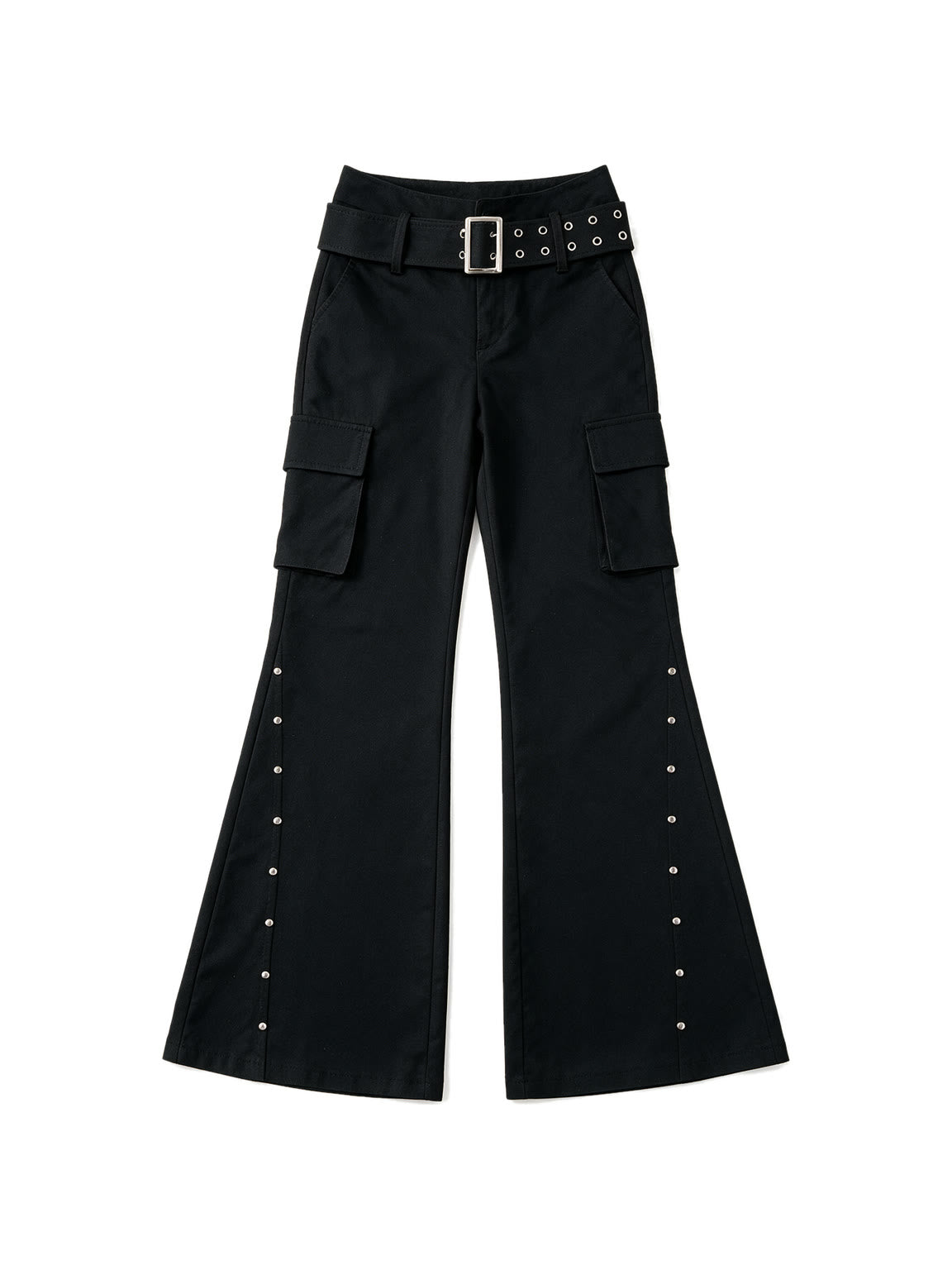 Black cargo flare trousers with rivets and a studded belt