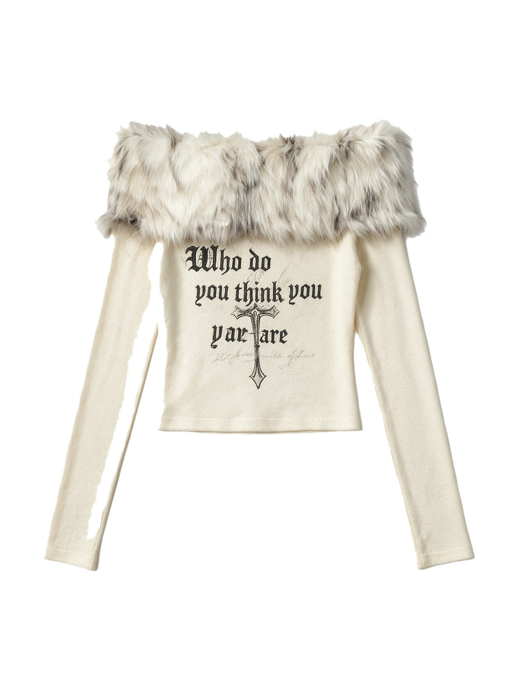 Cream off shoulder knit top with a faux fur collar