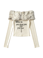 Cream off shoulder knit top with a faux fur collar