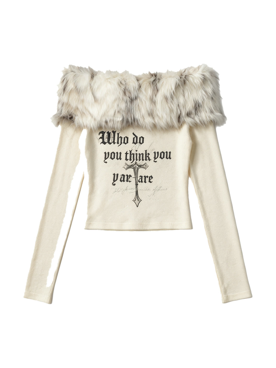 Cream off shoulder knit top with a faux fur collar
