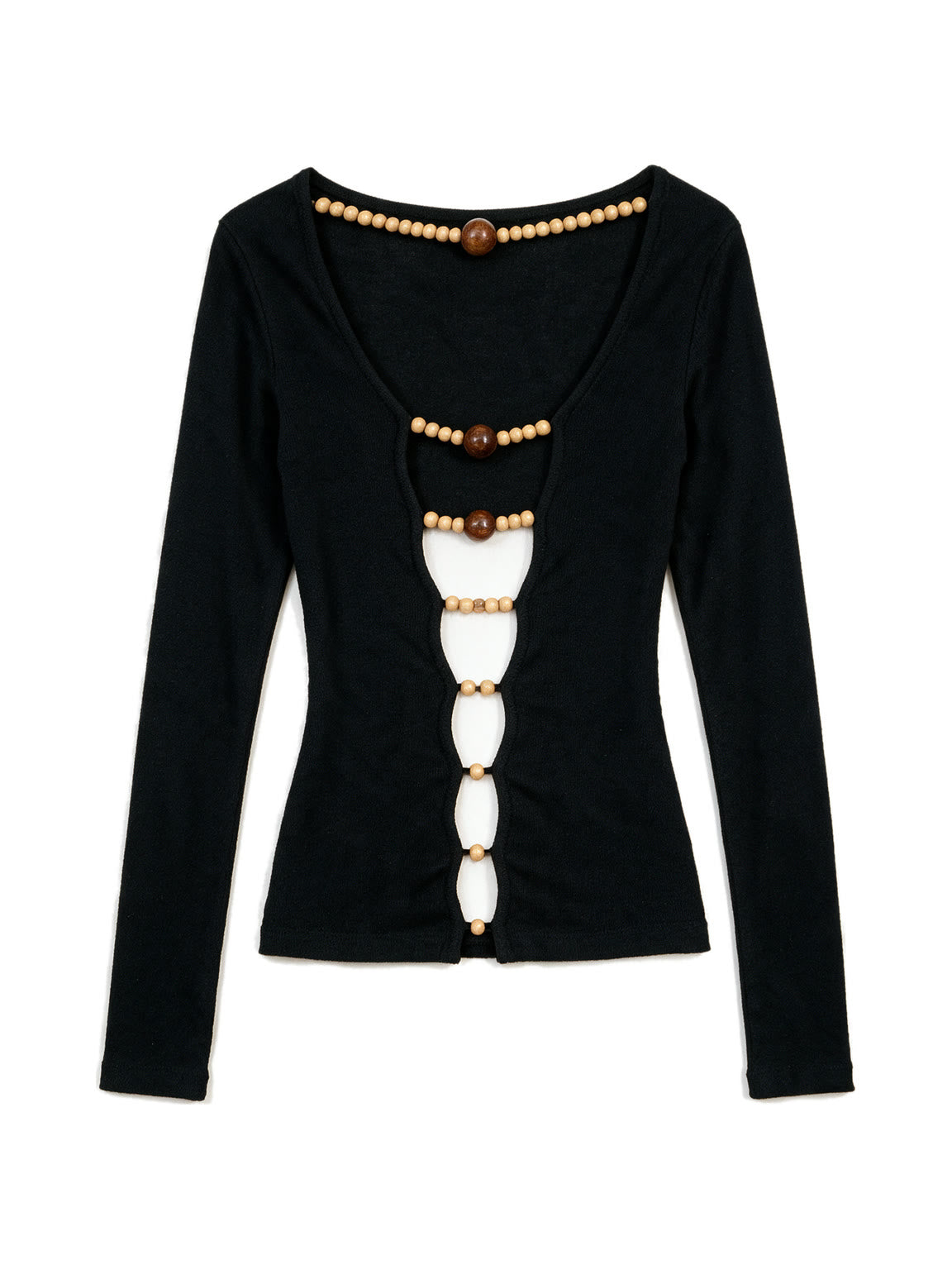 Black long sleeve top with a beaded cut out front