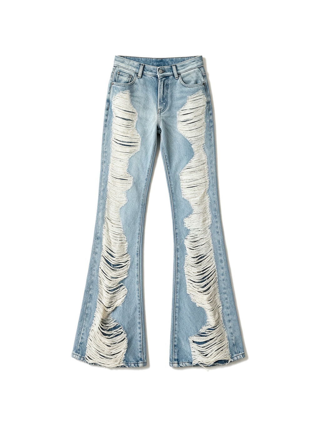 Light wash destroyed flare jeans with shredded legs
