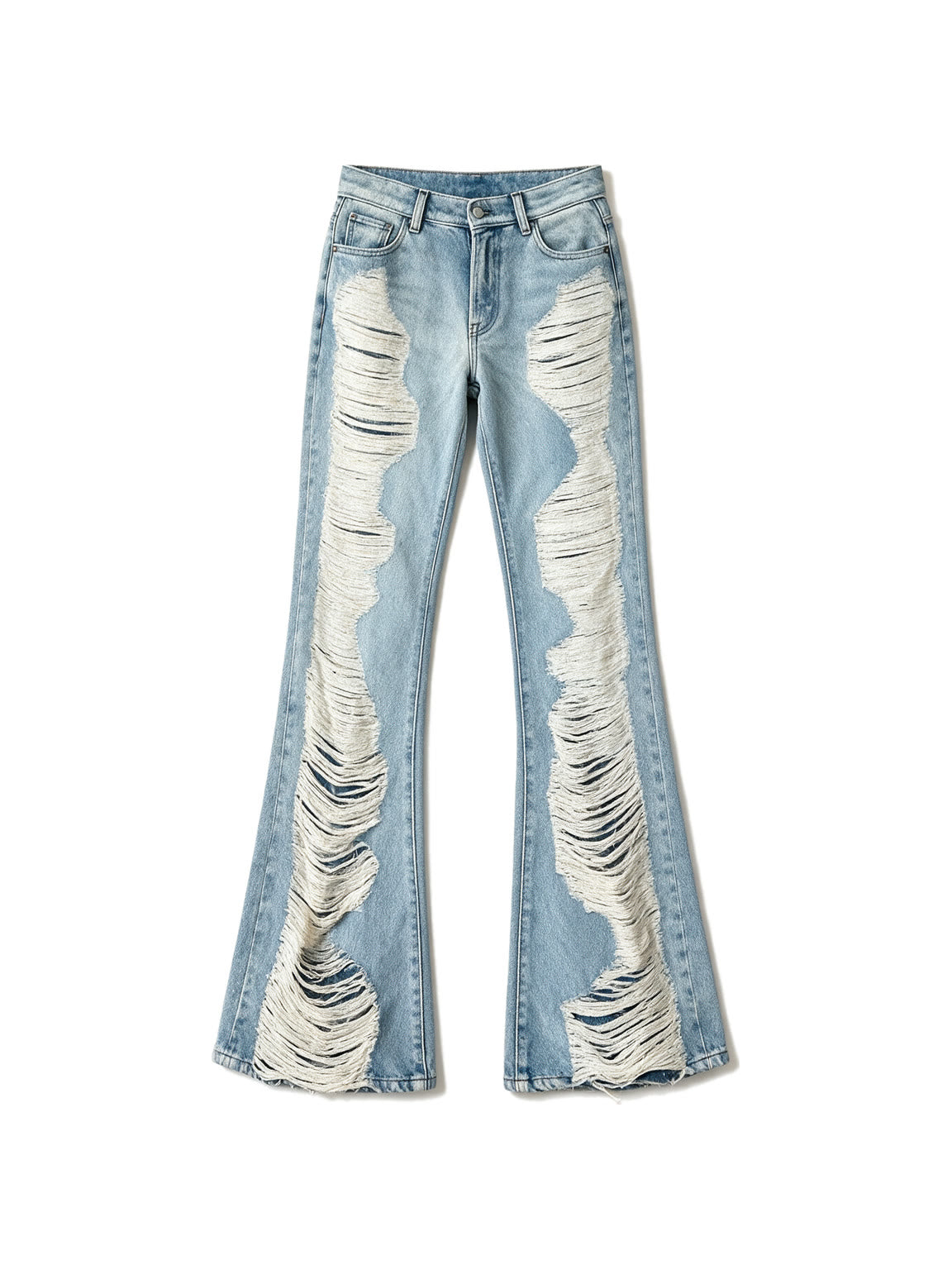 Light wash destroyed flare jeans with shredded legs