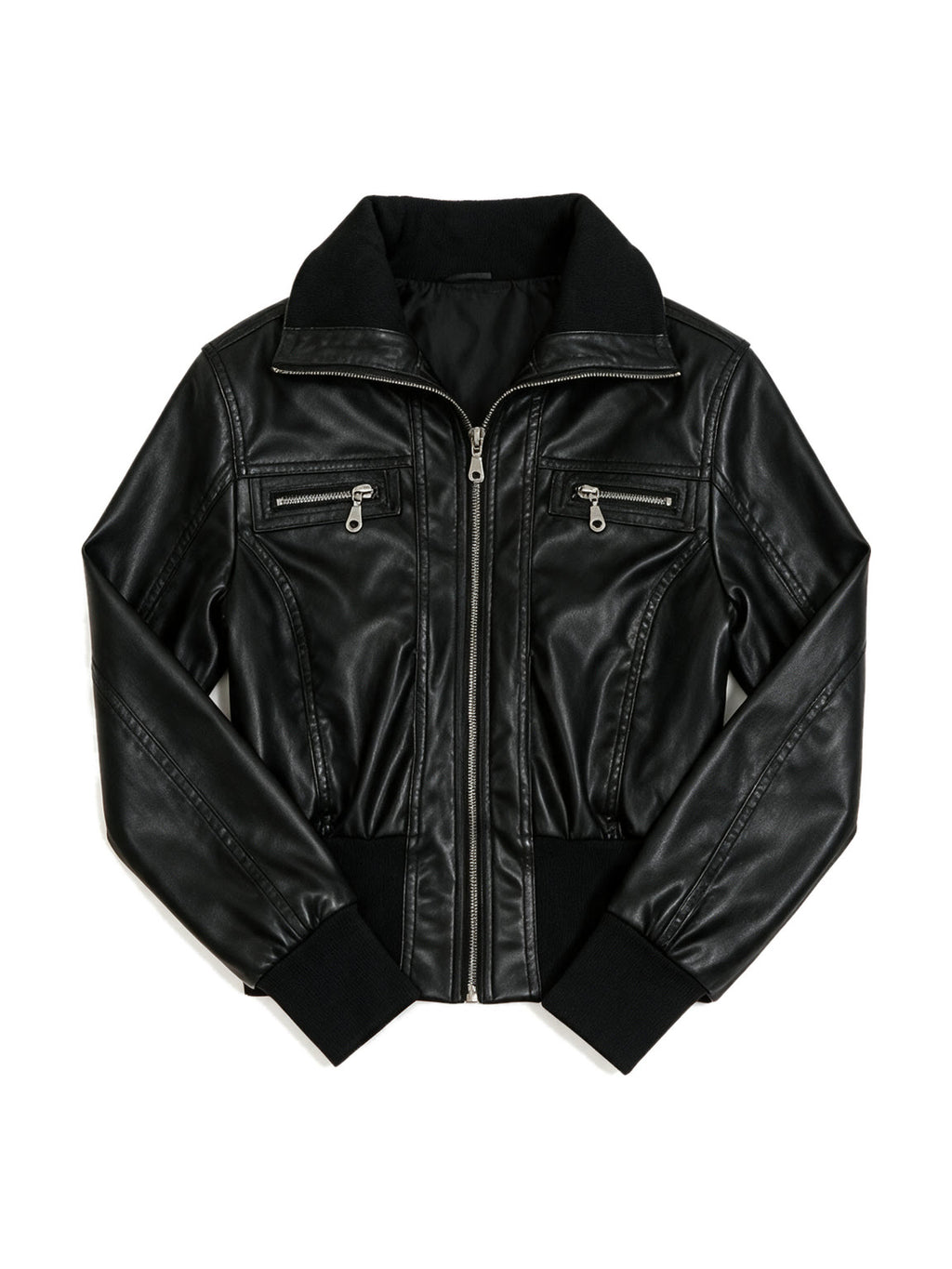 Black leather bomber jacket with a wide collar and ribbed hem