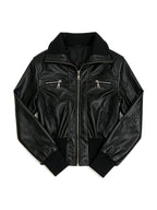 Black leather bomber jacket with a wide collar and ribbed hem