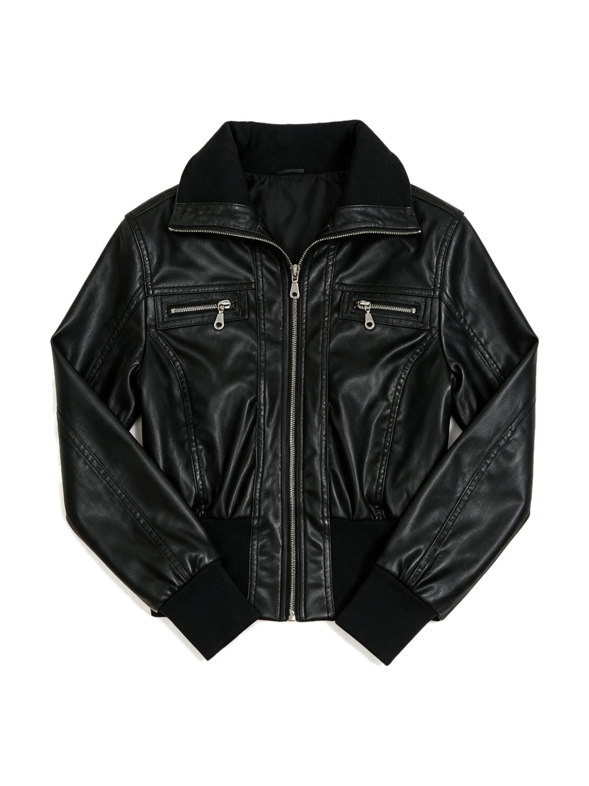 Black leather bomber jacket with a wide collar and ribbed hem