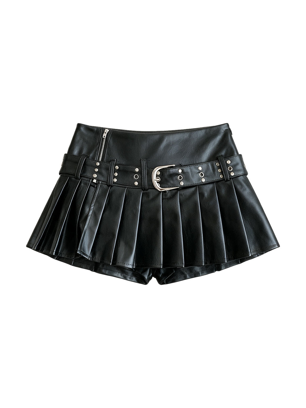 Black pleated faux leather mini skirt with a studded belt