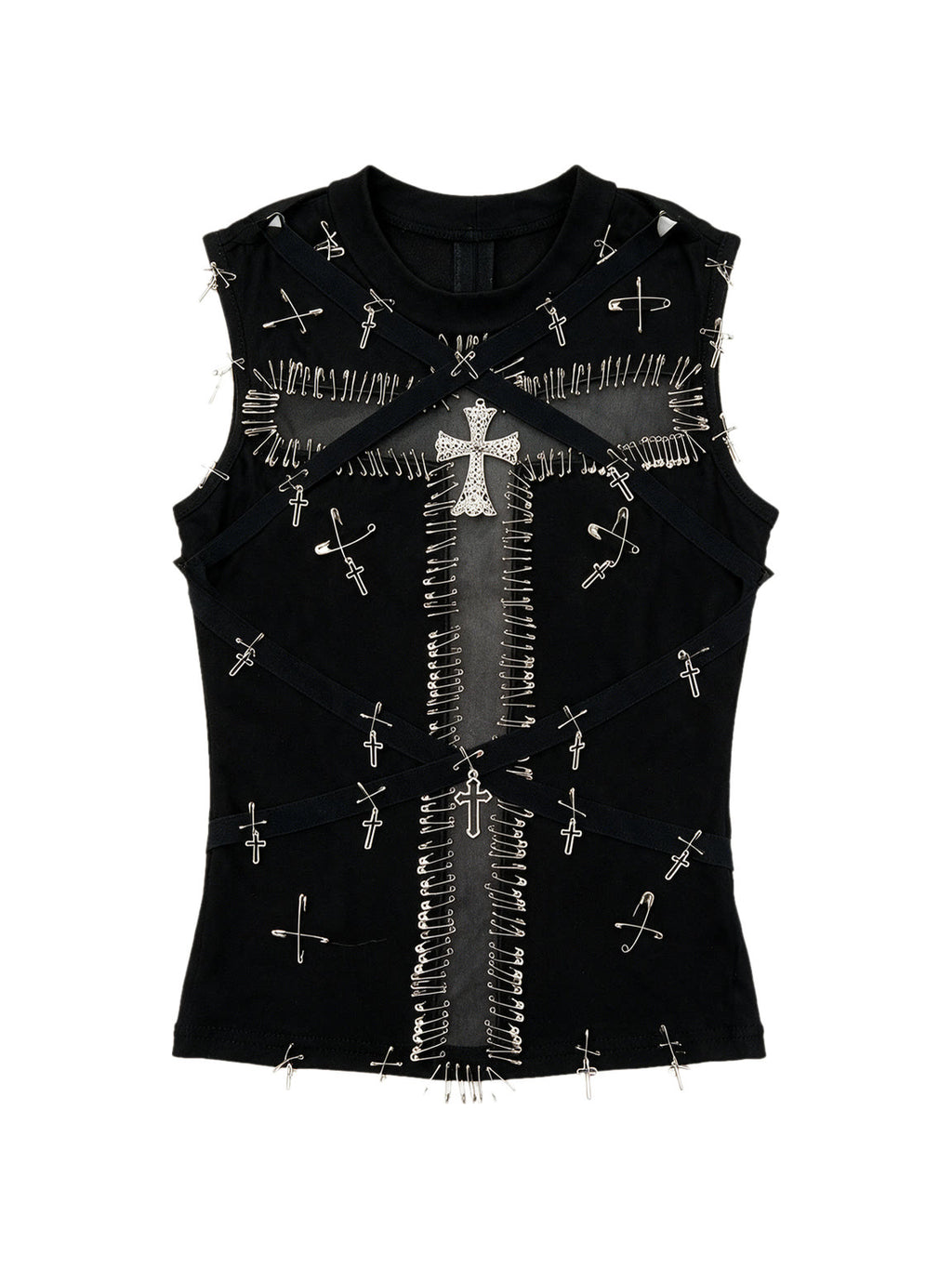 Black bustier tank with safety pins and a studded cross