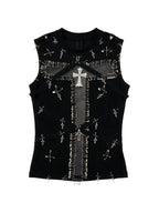 Black bustier tank with safety pins and a studded cross